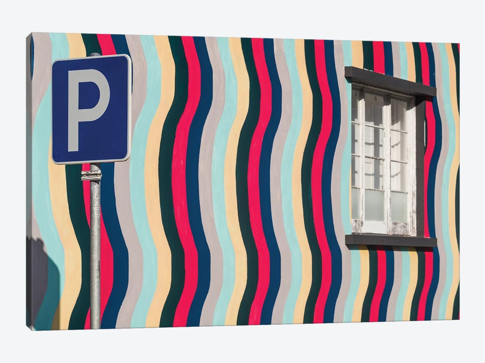 Portugal, Azores, Sao Miguel Island, Ponta Delgada. Colorful harborside building by Walter Bibikow 1-piece Canvas Artwork