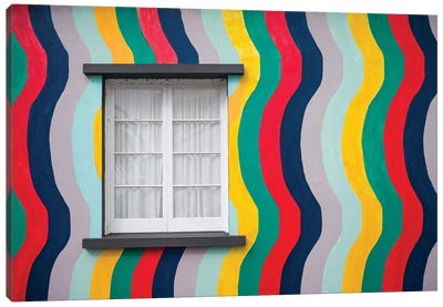 Portugal, Azores, Sao Miguel Island, Ponta Delgada. Colorful harborside building Canvas Art Print