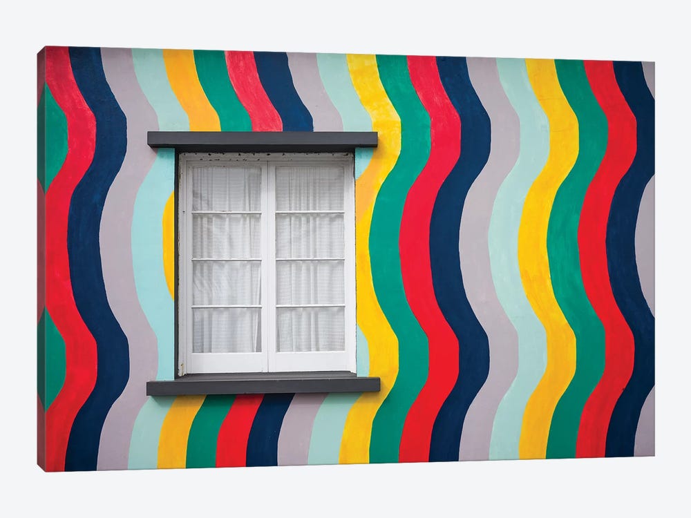 Portugal, Azores, Sao Miguel Island, Ponta Delgada. Colorful harborside building by Walter Bibikow 1-piece Canvas Print
