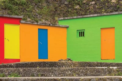 Portugal, Azores, Sao Miguel Island, Porto Formoso fishing shacks by Walter Bibikow art print