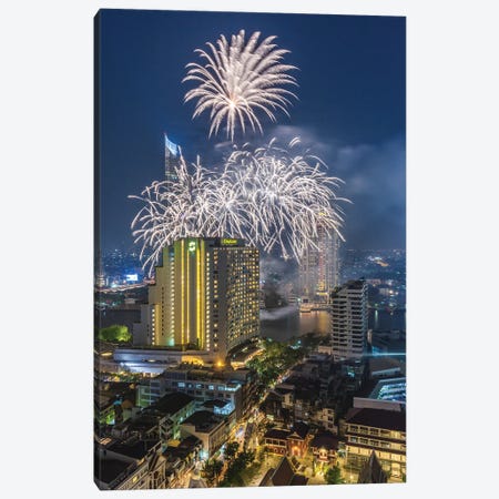 Thailand, Bangkok. Riverside, high angle skyline view with fireworks at dusk. Canvas Print #WBI190} by Walter Bibikow Canvas Art