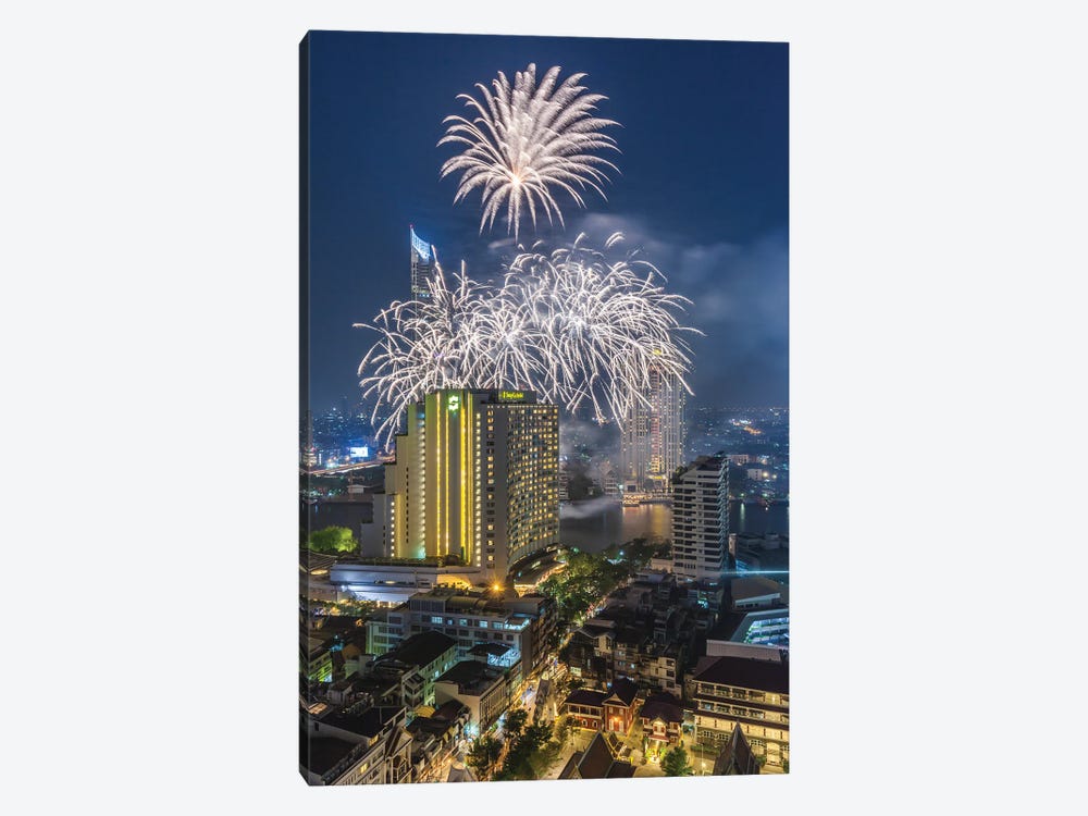 Thailand, Bangkok. Riverside, high angle skyline view with fireworks at dusk. by Walter Bibikow 1-piece Canvas Art Print