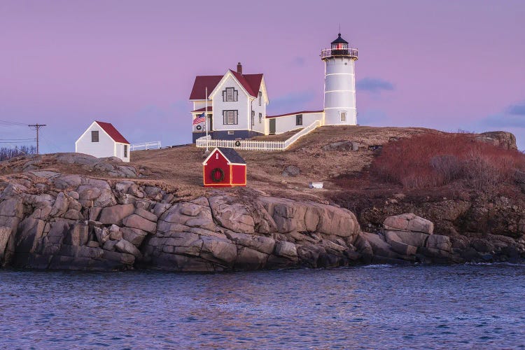 USA, Maine, York Beach. Nubble Light lighthouse at dusk by Walter Bibikow wall art