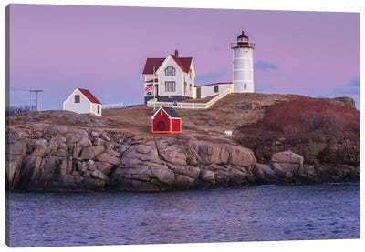USA, Maine, York Beach. Nubble Light lighthouse at dusk Canvas Art Print - Walter Bibikow