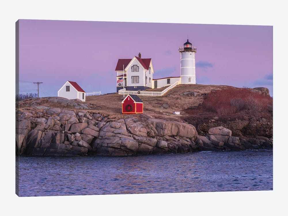 USA, Maine, York Beach. Nubble Light lighthouse at dusk by Walter Bibikow 1-piece Canvas Art