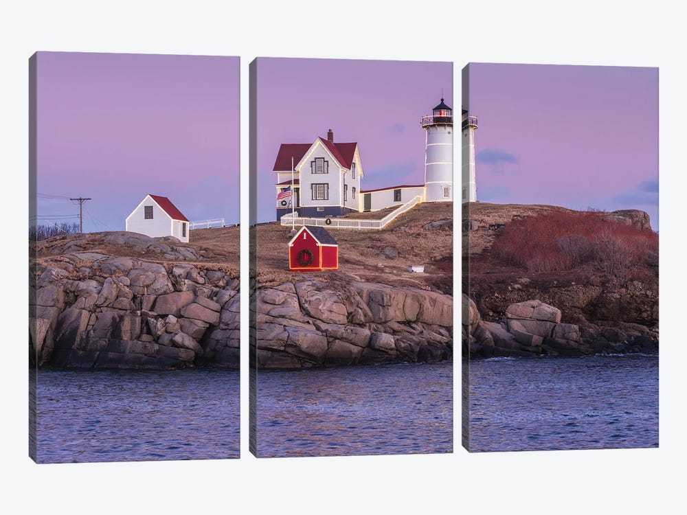 USA, Maine, York Beach. Nubble Light lighthouse at dusk by Walter Bibikow 3-piece Canvas Art