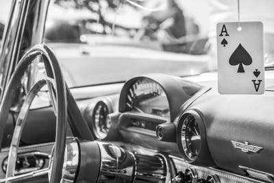 USA, Massachusetts, Cape Ann, Gloucester. Antique car interior and ace of spades card. by Walter Bibikow art print