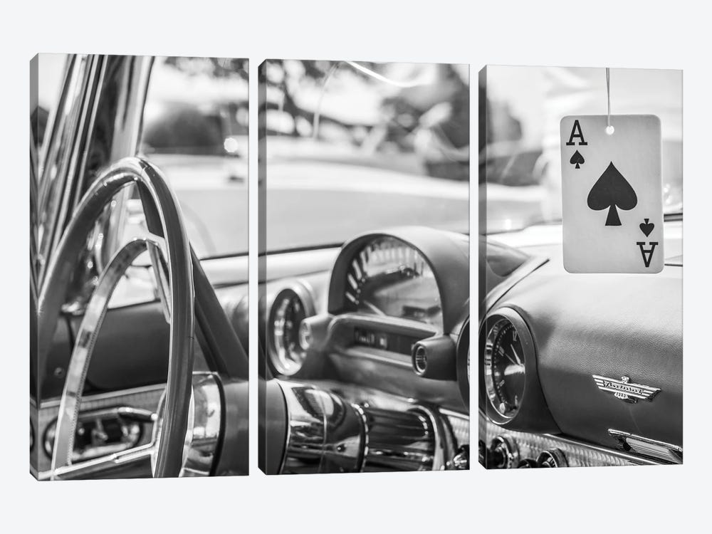 USA, Massachusetts, Cape Ann, Gloucester. Antique car interior and ace of spades card. by Walter Bibikow 3-piece Canvas Print