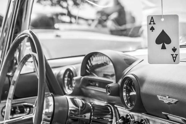 USA, Massachusetts, Cape Ann, Gloucester. Antique car interior and ace of spades card.