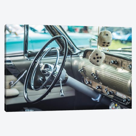 USA, Massachusetts, Cape Ann, Gloucester. Antique car, antique car steering wheel and fuzzy dice Canvas Print #WBI208} by Walter Bibikow Canvas Art