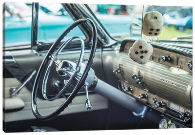 USA, Massachusetts, Cape Ann, Gloucester. Antique car, antique car steering wheel and fuzzy dice Canvas Art Print - Walter Bibikow