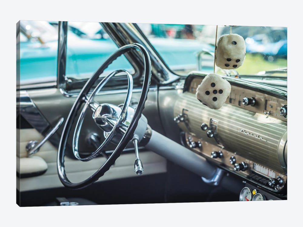 USA, Massachusetts, Cape Ann, Gloucester. Antique car, antique car steering wheel and fuzzy dice by Walter Bibikow 1-piece Canvas Art