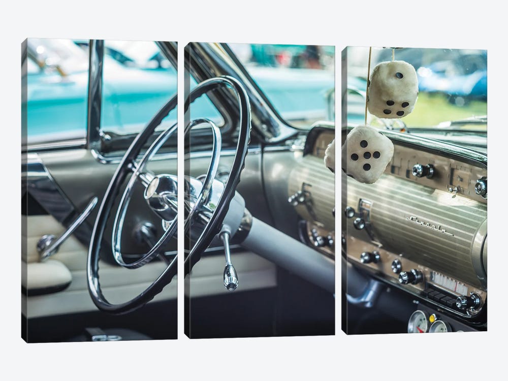 USA, Massachusetts, Cape Ann, Gloucester. Antique car, antique car steering wheel and fuzzy dice by Walter Bibikow 3-piece Canvas Artwork