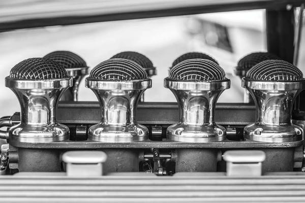 USA, Massachusetts, Cape Ann, Gloucester. Antique car, 1950's-era Hot Rod headers.