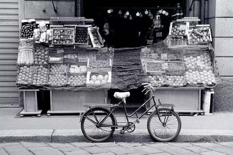 Bicycle And Fruit Stand, Milan, Lombardy Region, Italy