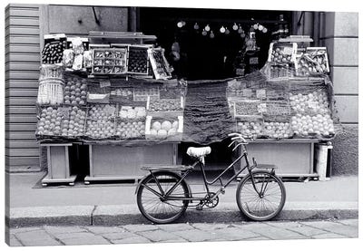 Bicycle And Fruit Stand, Milan, Lombardy Region, Italy Canvas Art Print