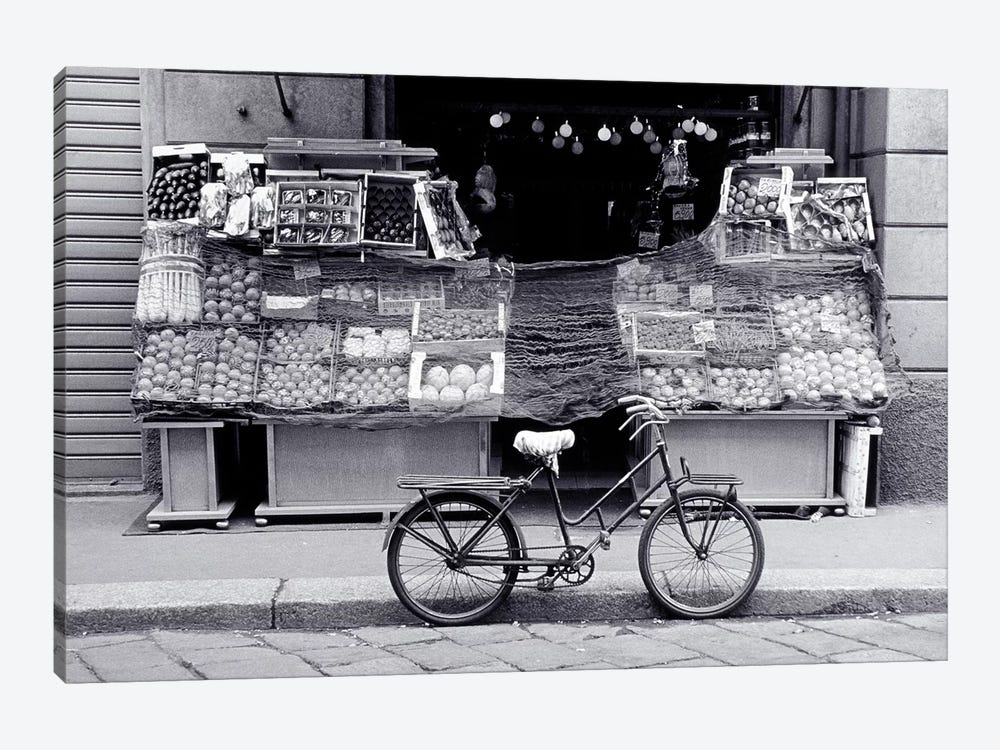 Bicycle And Fruit Stand, Milan, Lombardy Region, Italy by Walter Bibikow 1-piece Canvas Artwork