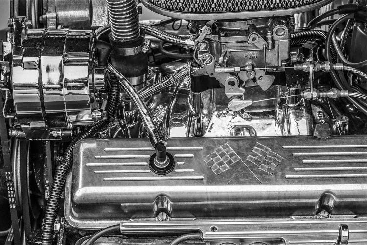 USA, Massachusetts, Essex. Detail of antique cars, hot rod engine.