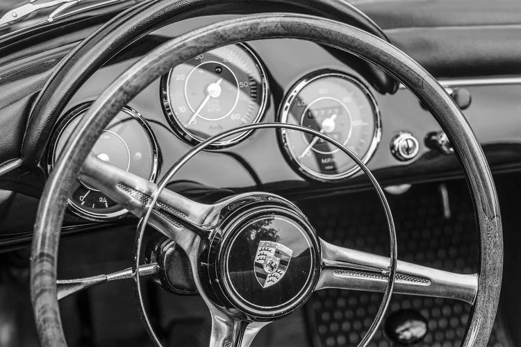 USA, Massachusetts, Essex. Antique cars, detail of 1963 Porsche 356 steering wheel