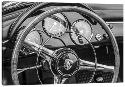 USA, Massachusetts, Essex. Antique cars, detail of 1963 Porsche 356 steering wheel Canvas Art Print - Walter Bibikow