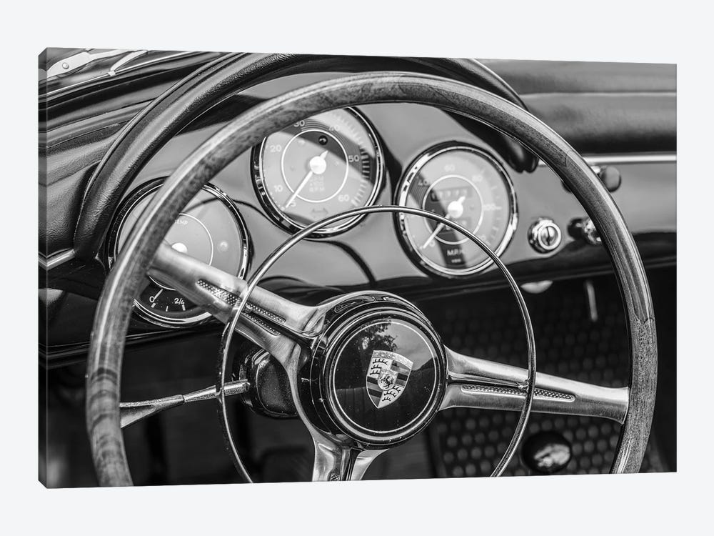 USA, Massachusetts, Essex. Antique cars, detail of 1963 Porsche 356 steering wheel by Walter Bibikow 1-piece Canvas Wall Art