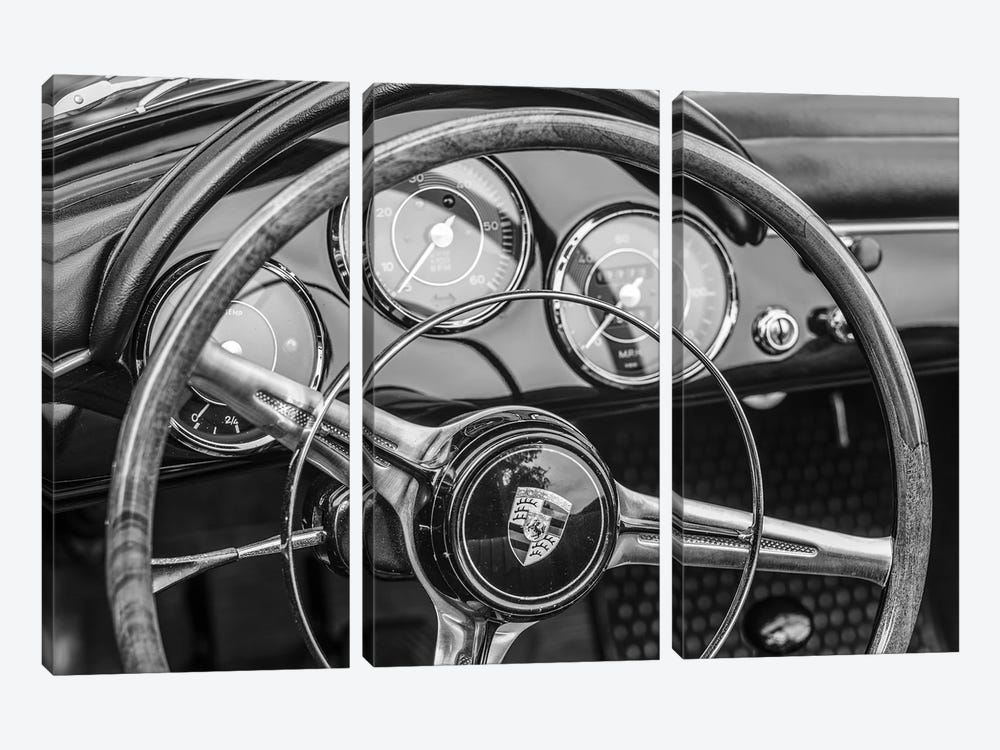 USA, Massachusetts, Essex. Antique cars, detail of 1963 Porsche 356 steering wheel by Walter Bibikow 3-piece Canvas Art