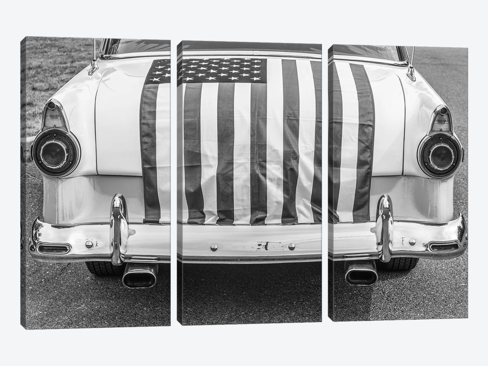 USA, Massachusetts, Essex. Antique cars, detail of 1950's-era Ford draped with US flag. by Walter Bibikow 3-piece Canvas Artwork