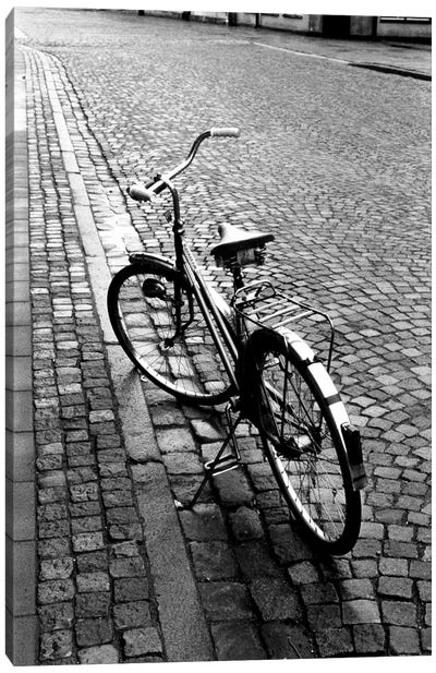 Vintage Bicycle On A Stone Street In B&W Canvas Art Print - Bicycle Art