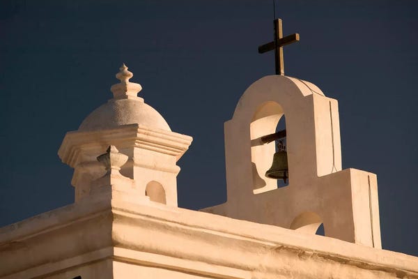 Places Of Worship: Mortuary Chapel Rooftop Bells, Mission San Xavier del Bac, Tohono O'odham Nation, Arizona, USA by Walter Bibikow
