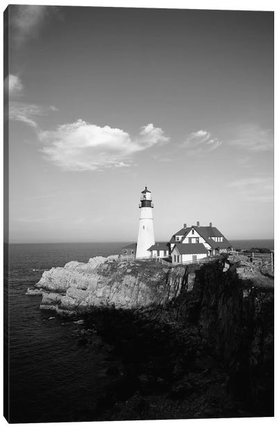 Portland Head Light In B&W, Cape Elizabeth, Cumberland County, Maine, USA Canvas Art Print - Lighthouse Art