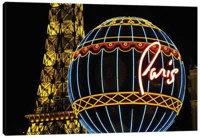 Neon Montgolfier Balloon And Eiffel Tower Statues, Paris Las Vegas, Paradise, Nevada, USA Canvas Art Print - Hot Air Balloon Art
