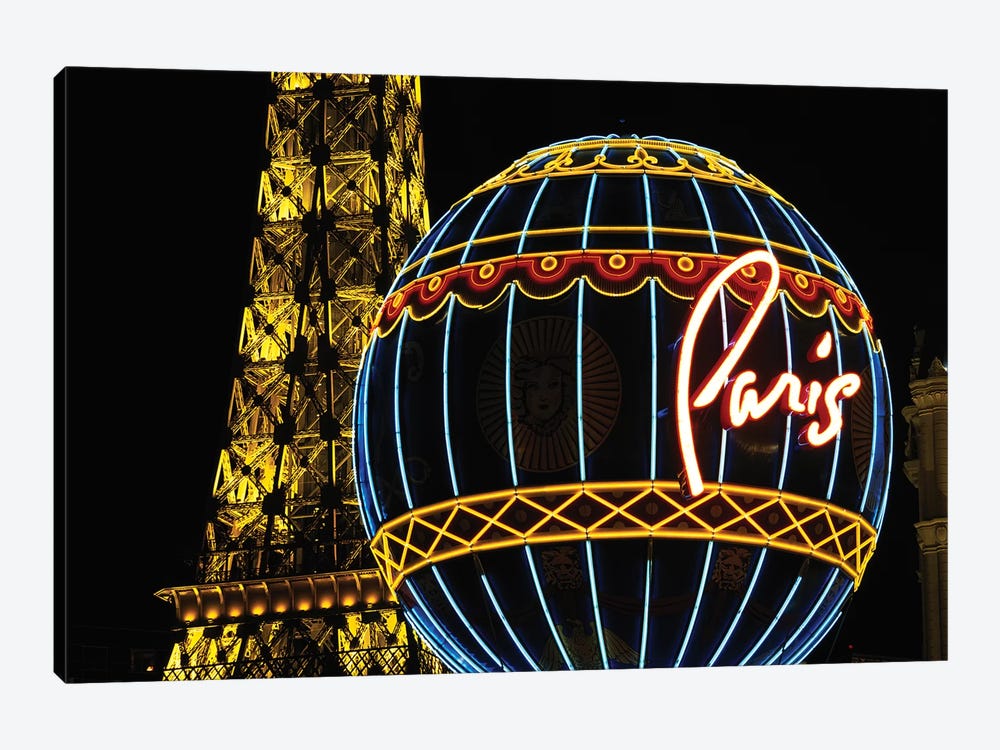 Neon Montgolfier Balloon And Eiffel Tower Statues, Paris Las Vegas, Paradise, Nevada, USA by Walter Bibikow 1-piece Canvas Artwork