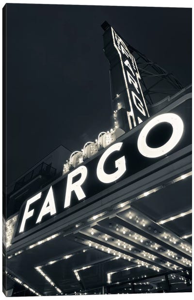 Low-Angle View Of Marquee & Neon Sign In B&W, Fargo Theatre, Fargo, Cass County, North Dakota, USA Canvas Art Print - North Dakota Art