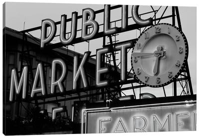 Public Market Center & Farmers Market Neon Signs In Zoom, Pike Place Market, Seattle, Washington, USA Canvas Art Print - Walter Bibikow
