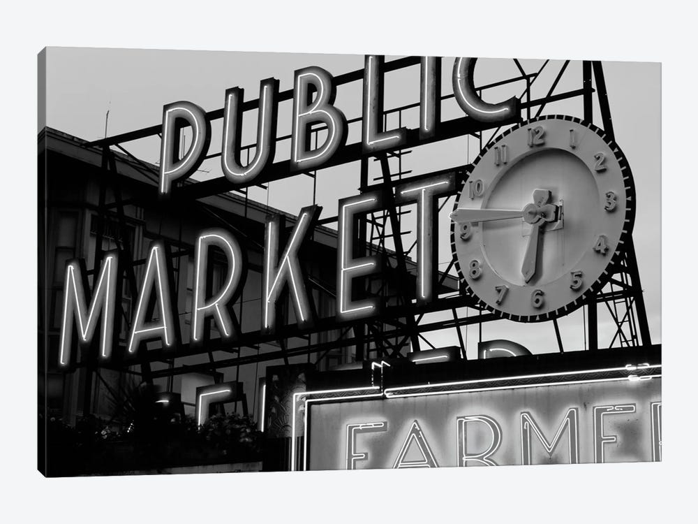 Public Market Center & Farmers Market Neon Signs In Zoom, Pike Place Market, Seattle, Washington, USA by Walter Bibikow 1-piece Canvas Wall Art