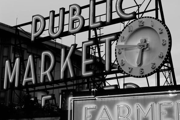 Signs: Public Market Center & Farmers Market Neon Signs In Zoom, Pike Place Market, Seattle, Washington, USA by Walter Bibikow