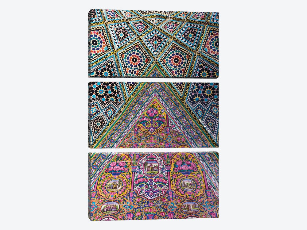 Iran, Shiraz, Nasir-Al Molk Mosque, Exterior Tilework by Walter Bibikow 3-piece Canvas Art Print
