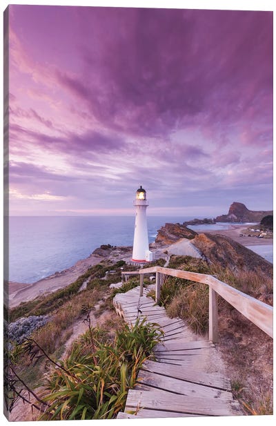 New Zealand, North Island, Castlepoint. Castlepoint Lighthouse I Canvas Art Print - Walter Bibikow