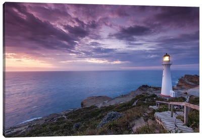 New Zealand, North Island, Castlepoint. Castlepoint Lighthouse II Canvas Art Print - Nautical Scenic Photography
