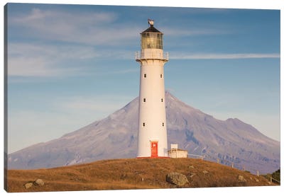 New Zealand, North Island, Pungarehu. Cape Egmont Lighthouse and Mt. Taranaki II Canvas Art Print - Lighthouse Art