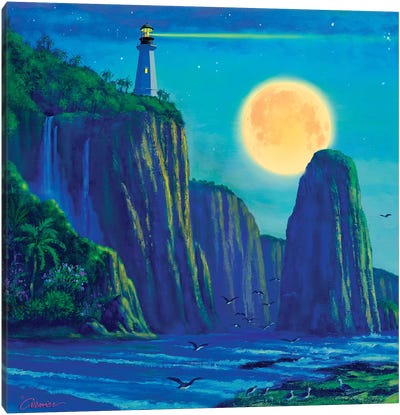 Light House At Moon Bay Canvas Art Print - Wil Cormier