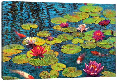 Lily Pond & Four Koi Canvas Art Print - Koi Fish Art