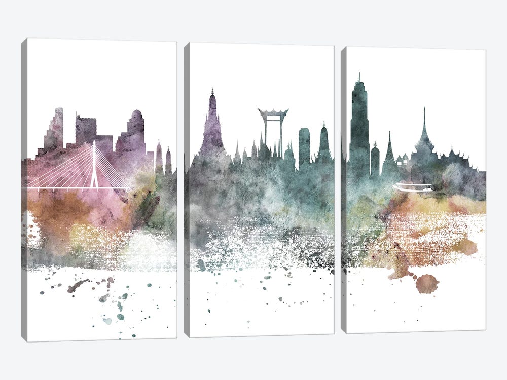 Bangkok Pastel Skyline by WallDecorAddict 3-piece Canvas Print