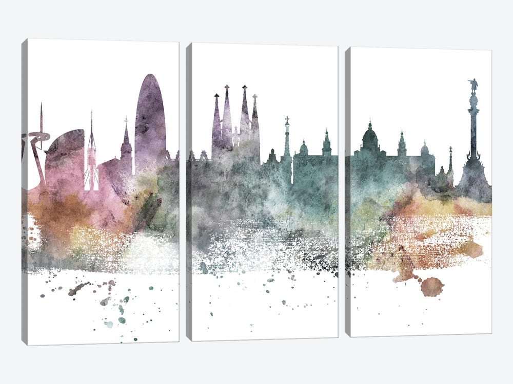 Barcelona Pastel Skyline by WallDecorAddict 3-piece Canvas Art