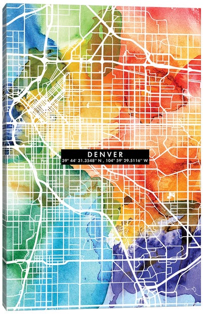 Denver City Map Colorful Canvas Art Print - Urban Maps