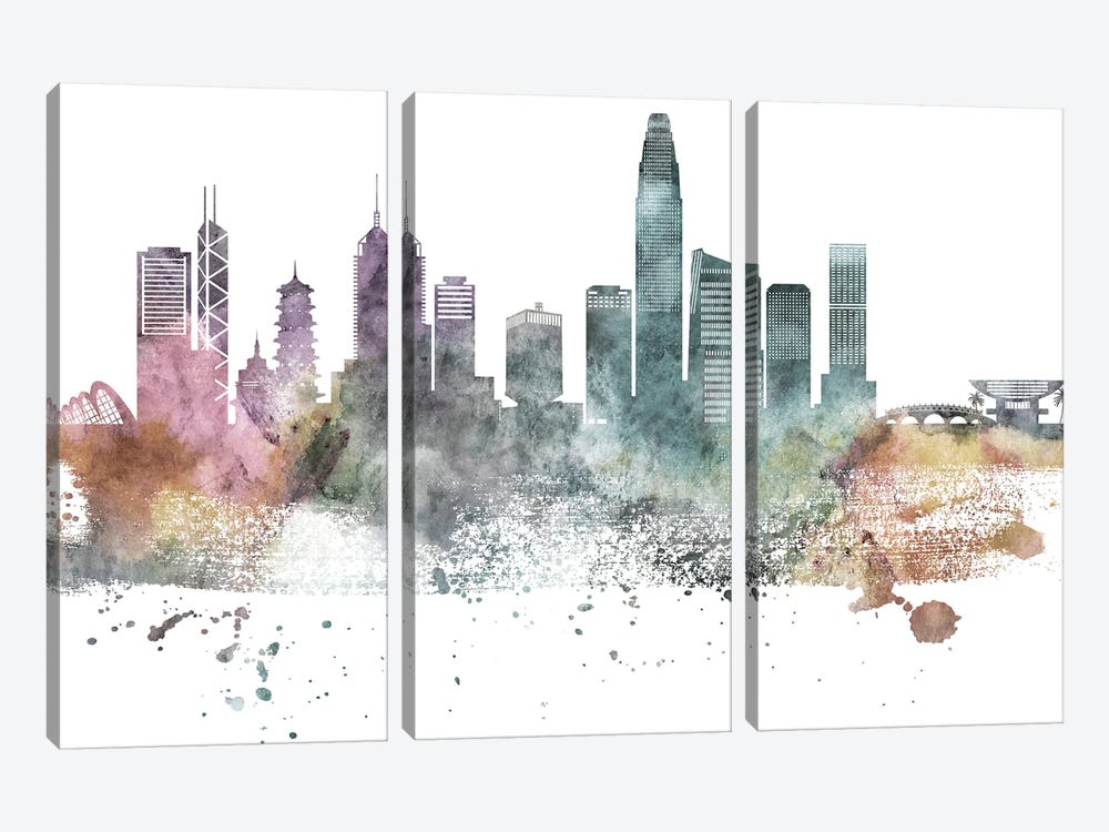 Hong Kong Pastel Skyline by WallDecorAddict 3-piece Canvas Wall Art