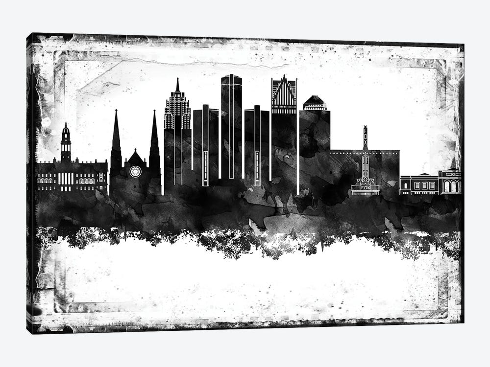 Detroit Black And White Framed Skylines by WallDecorAddict 1-piece Canvas Art