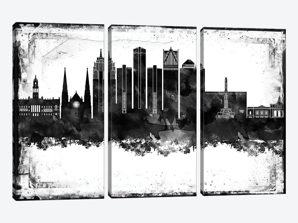 Detroit Black And White Framed Skylines by WallDecorAddict 3-piece Canvas Wall Art