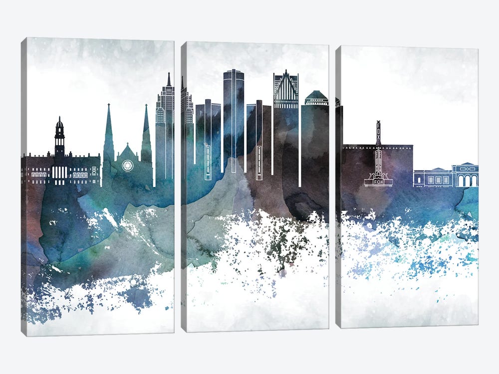 Detroit Bluish Skylines by WallDecorAddict 3-piece Art Print