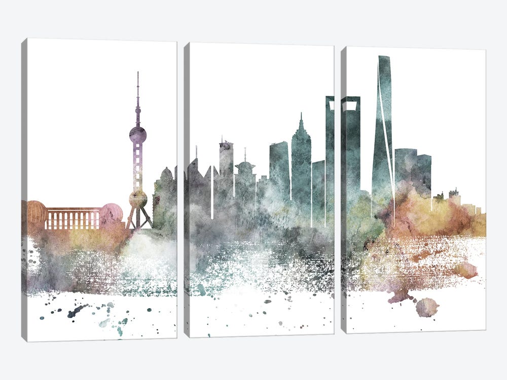Shanghai Pastel Skyline by WallDecorAddict 3-piece Canvas Print